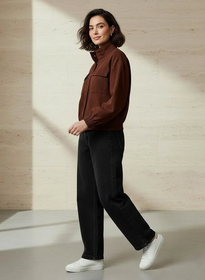 Splash FAV Linen Blend Utility Bomber Jacket with High Neck