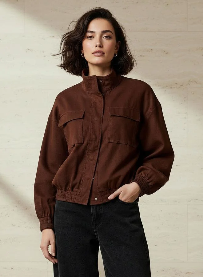 Splash FAV Linen Blend Utility Bomber Jacket with High Neck