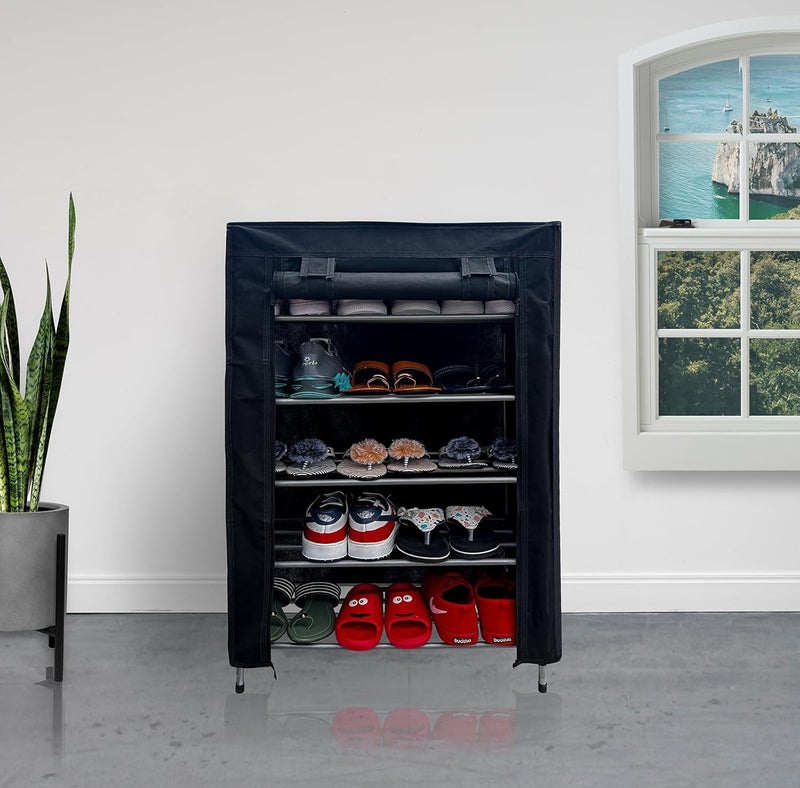 PHILOSHOP Multipurpose Portable Folding Shoe Rack 5 Shelves Storage Organizer Cabinet Tower with Dustproof Fabric and Zippered Cover BlackMetal - Image 1