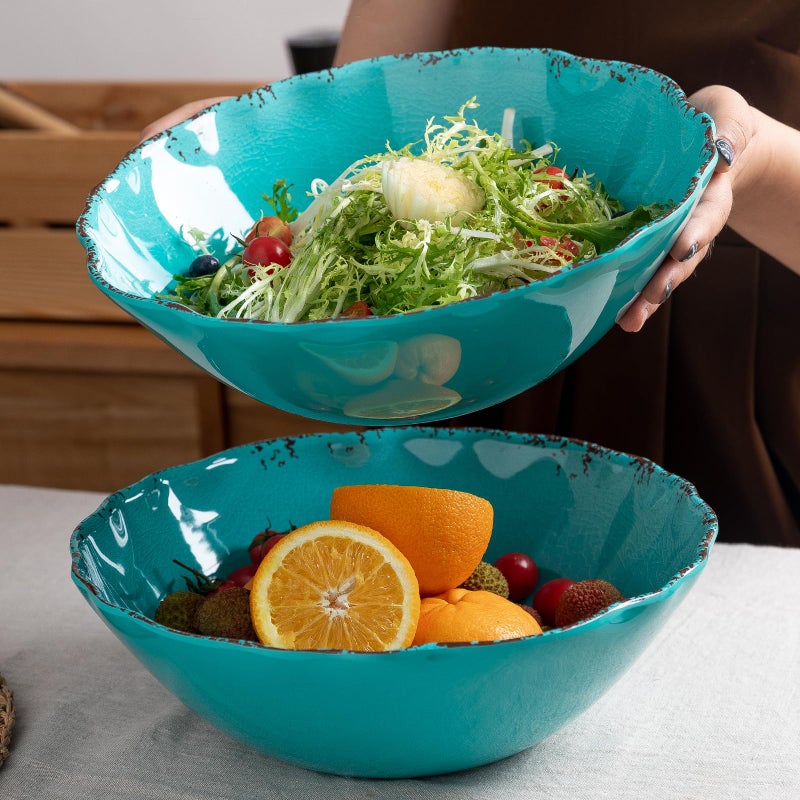 LEHAHA Vintage Melamine Salad Bowls Set, 2 pieces 130 OZ Large Pasta Bowls and Mixing Bowls, 12 inches Chip resistant Large Serving Bowls for Entertaining, Dishwasher Safe, Tealâ€¦ - Image 3