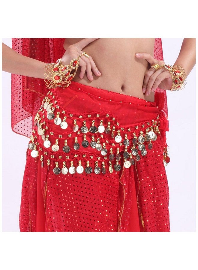 Vritraz VRITRAZ Women's Chiffon Belly Dance Hip Scarf Waistband Belt Skirt with128 Ringy Golden Coins 128 Red  - Image 2