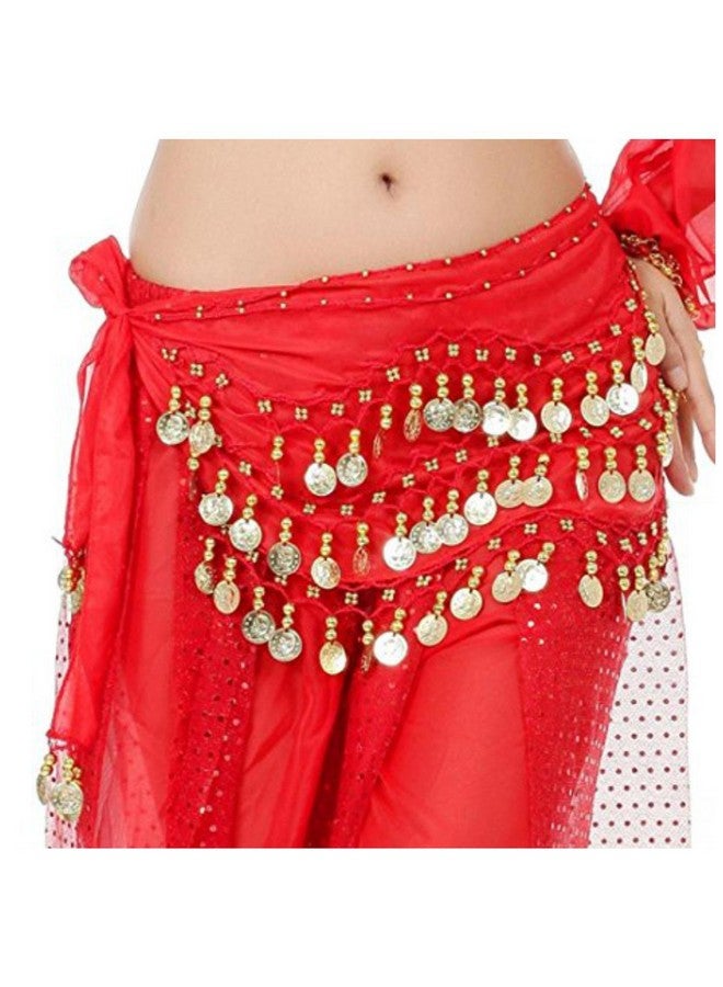 Vritraz VRITRAZ Women's Chiffon Belly Dance Hip Scarf Waistband Belt Skirt with128 Ringy Golden Coins 128 Red  - Image 4
