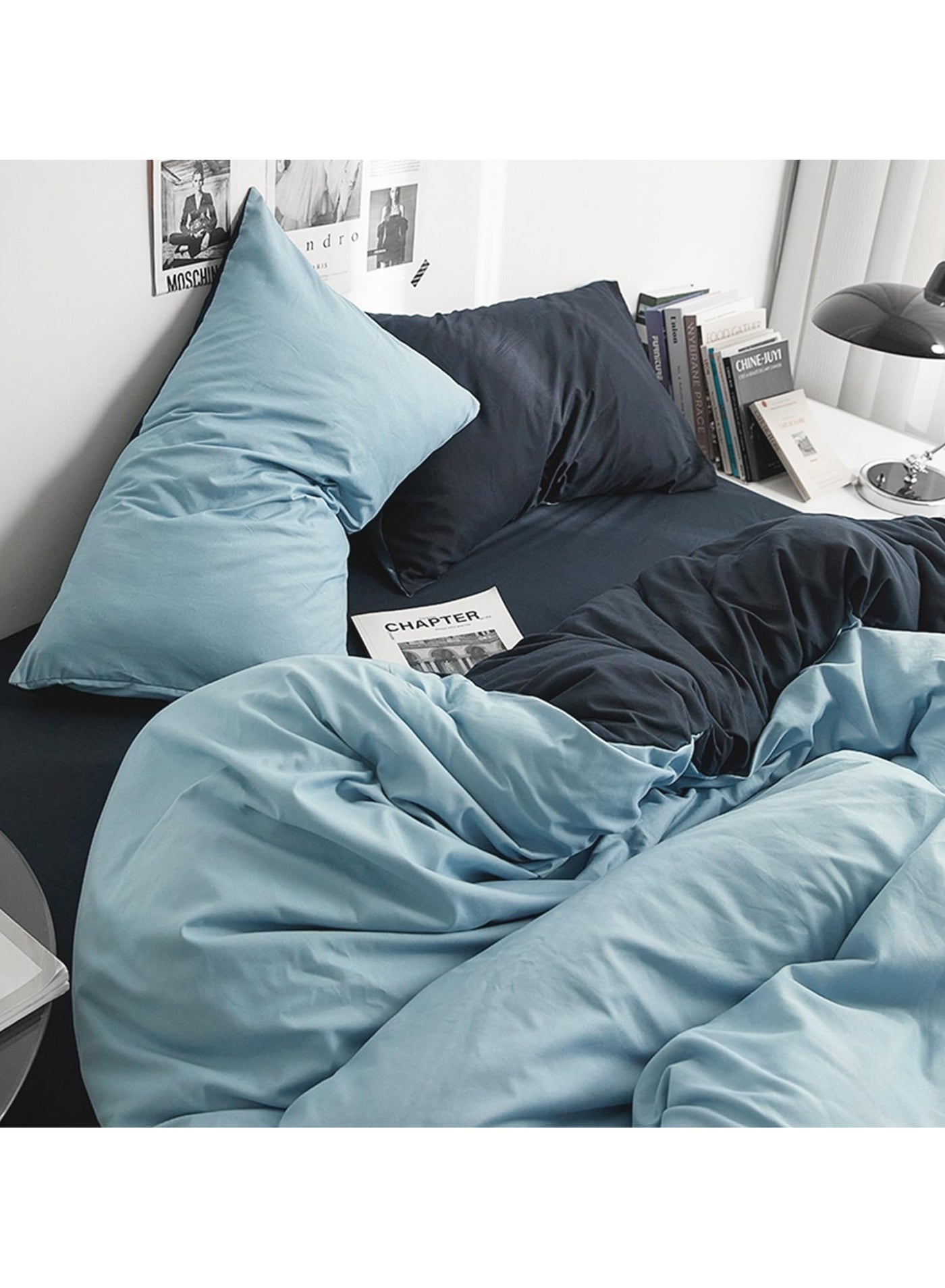 Duvet Cover Set Single Size 4 Pcs, Include 1 Quilt Cover 150 x 200cm & 2 Pillow Cases 48 x 74cm & 1 Bedsheet 235 x 250cm, Super Soft Quality Cotton Bedding Set, NO Comforter - Locke Blue