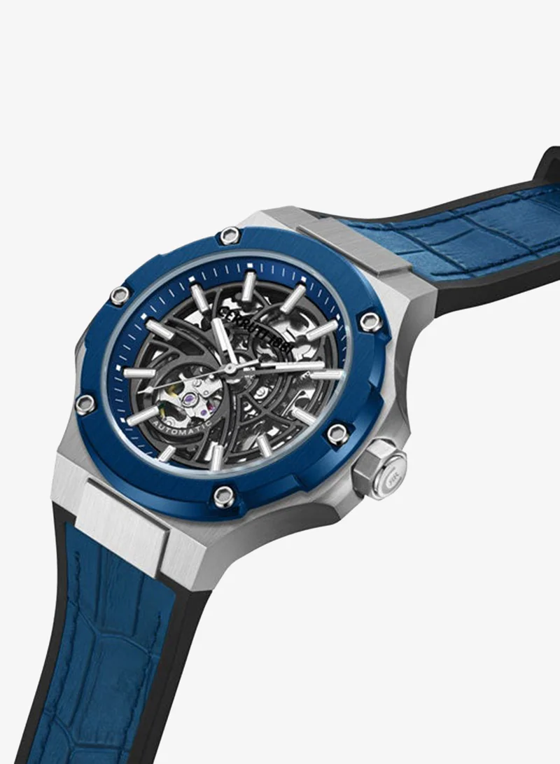 شيروتي 1881 Lucardo Blue-Gunmetal Dial, Silicone-Leather Strap, Automatic Watch for Men, 49mm