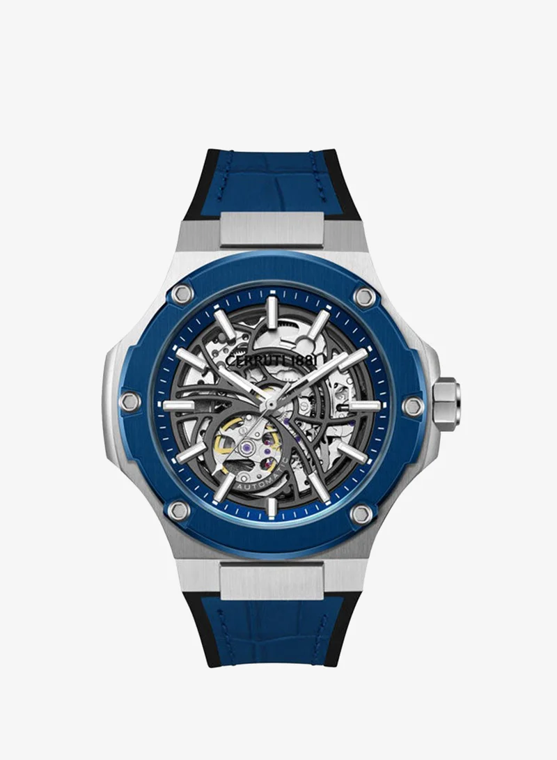 شيروتي 1881 Lucardo Blue-Gunmetal Dial, Silicone-Leather Strap, Automatic Watch for Men, 49mm