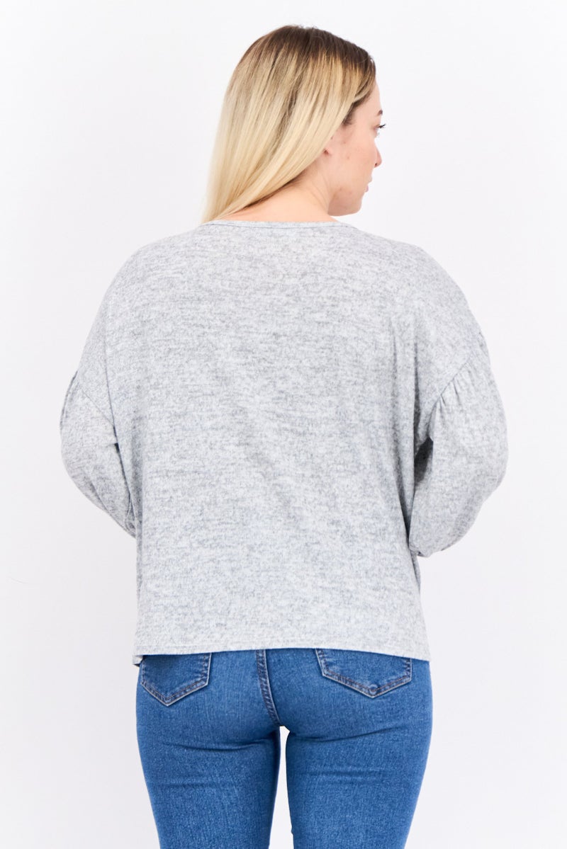 Love Scarlett Women Round Neck Long Sleeves Placed Pearl Heart Blouse, Grey Heather - Image 3