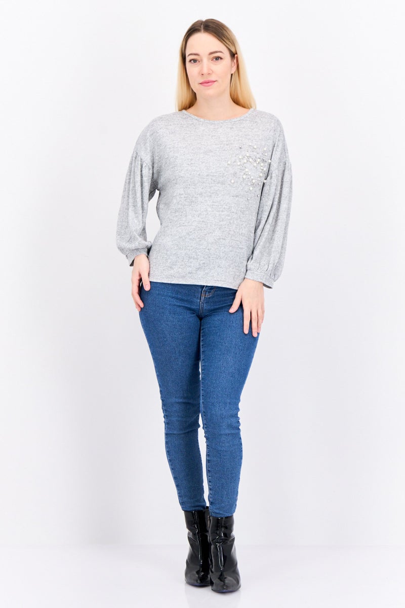 Love Scarlett Women Round Neck Long Sleeves Placed Pearl Heart Blouse, Grey Heather - Image 4