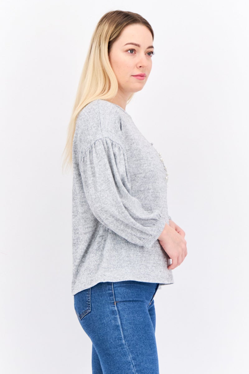Love Scarlett Women Round Neck Long Sleeves Placed Pearl Heart Blouse, Grey Heather - Image 2