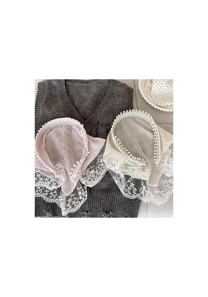 2 Pcs Lace Hair Scarf Headbands for Women - Beige Lace + Pink - Image 5