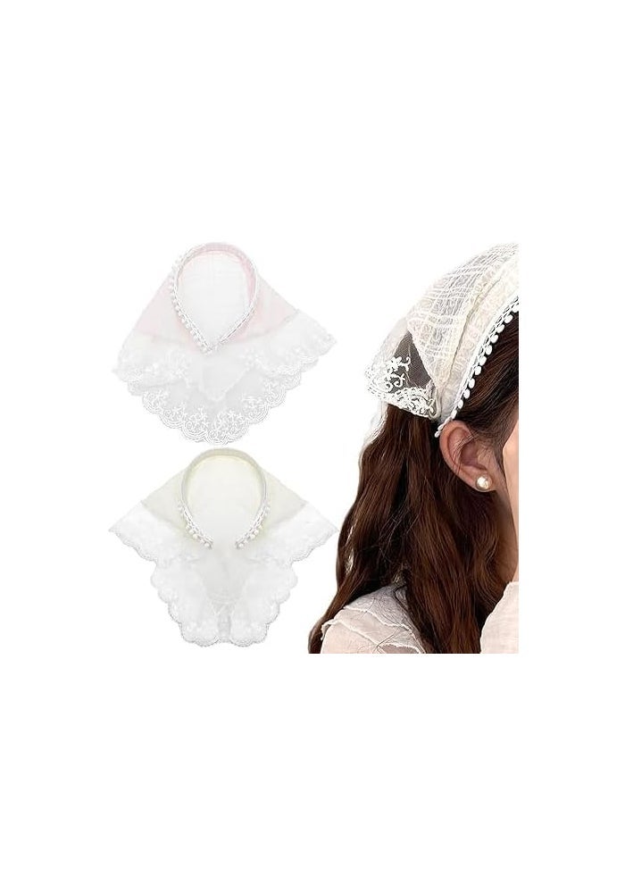 2 Pcs Lace Hair Scarf Headbands for Women - Beige Lace + Pink - Image 1