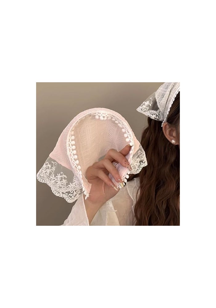 2 Pcs Lace Hair Scarf Headbands for Women - Beige Lace + Pink - Image 4