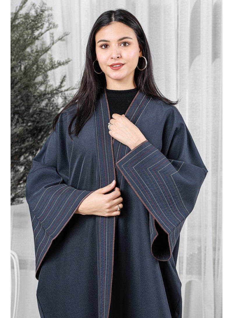 MyesuQ Gray abaya with colored threads on the collar and sleeves - Image 4