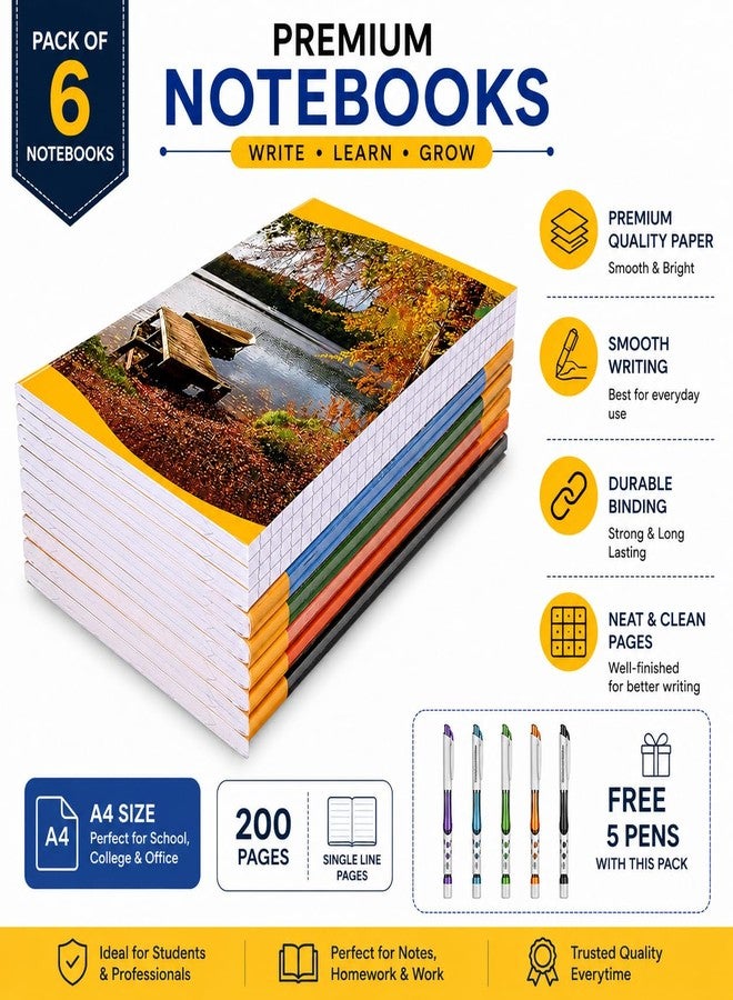 Bright 200 Pages A4 Size Notebook - Single Line Ruled (29 x 21 cm) | Ruled notebooks for Writing | Notebook for Students | Pack Set of 6 With Free 5 Ballpens for (200 Pages) - Image 2