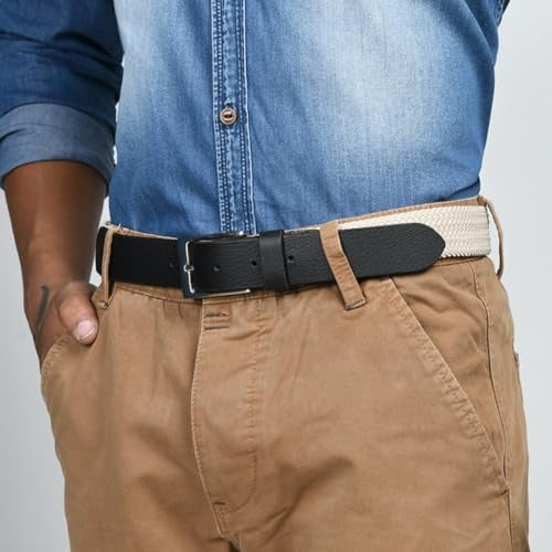 MaheTri Braided Canvas Stretchable Leather Belt, Premium Woven fabric Adjustable & Hole Free Belt for Men & Women (Black, Brown, Cream Black, Cream Brown) (Cream Black, 42"-44" Waist Adjustable) - Image 2
