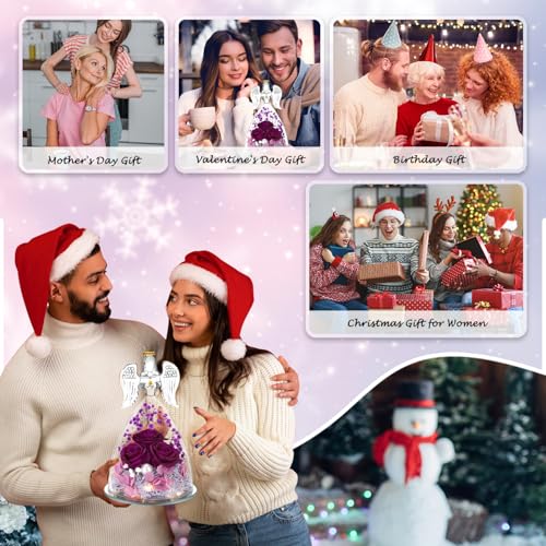 ANWEAO Gifts for Mom Birthday Gifts for Women,Preserved Flowers Rose in Glass Angel Figurines Flowers for Delivery,Preserved Three Purple Rose with Lights, for Mom Grandma Sister Wife - Image 4