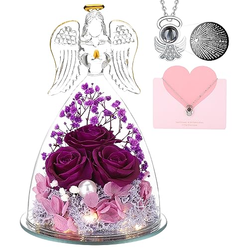 ANWEAO Gifts for Mom Birthday Gifts for Women,Preserved Flowers Rose in Glass Angel Figurines Flowers for Delivery,Preserved Three Purple Rose with Lights, for Mom Grandma Sister Wife - Image 1