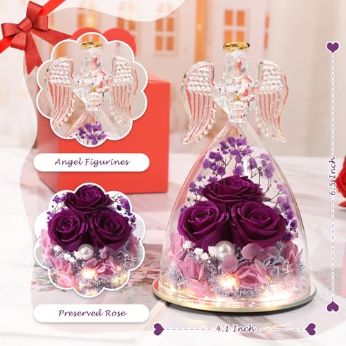 ANWEAO Gifts for Mom Birthday Gifts for Women,Preserved Flowers Rose in Glass Angel Figurines Flowers for Delivery,Preserved Three Purple Rose with Lights, for Mom Grandma Sister Wife - Image 2