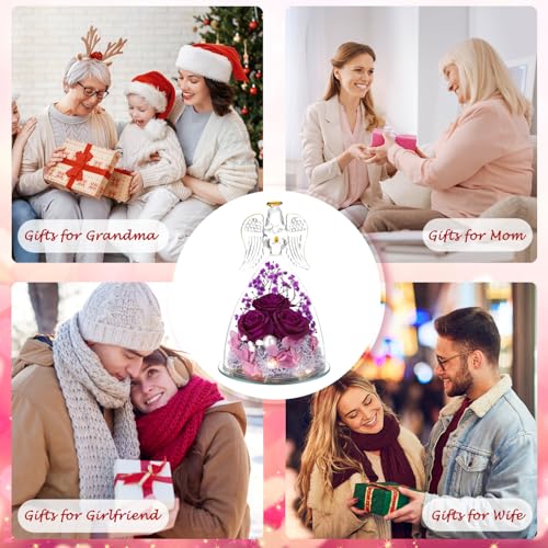 ANWEAO Gifts for Mom Birthday Gifts for Women,Preserved Flowers Rose in Glass Angel Figurines Flowers for Delivery,Preserved Three Purple Rose with Lights, for Mom Grandma Sister Wife - Image 5