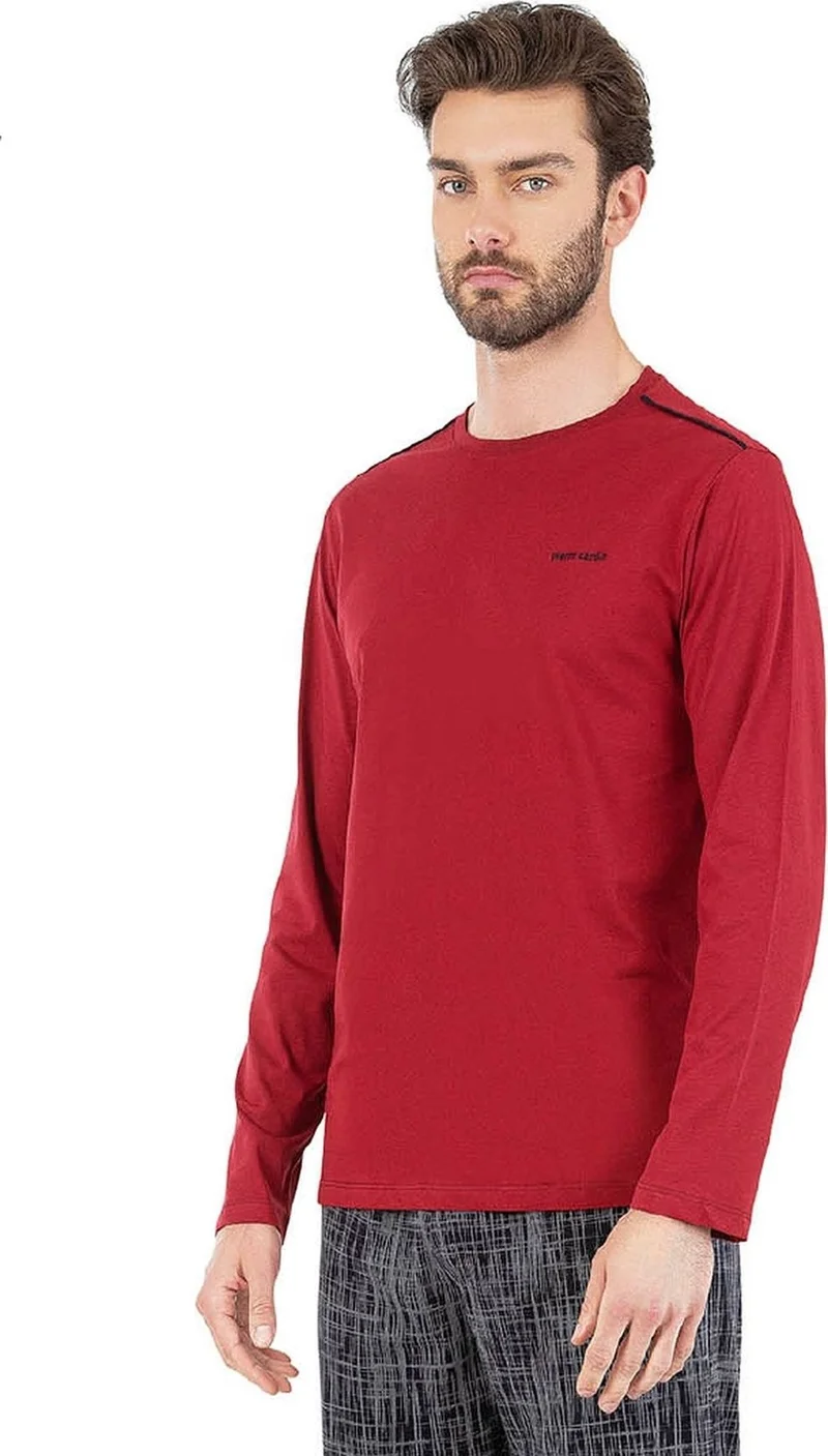 pierre cardin 6065 Men's Long Sleeve Crew Neck Pajama Set-Burgundy