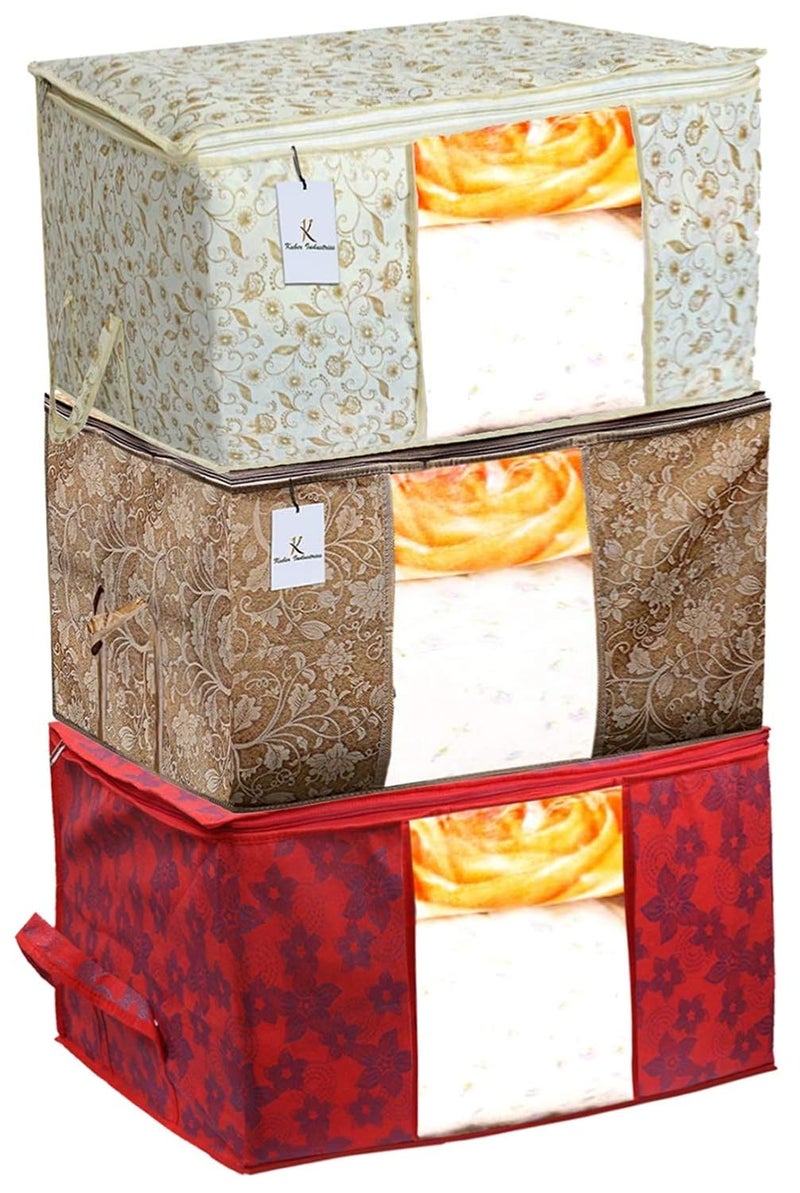 Kuber Industries Metalic Printed 3 Piece Non Woven Fabric Underbed Storage BagCloth OrganiserBlanket Cover with Transparent Window Red Beige Brown CTKTC41074standard - Image 1