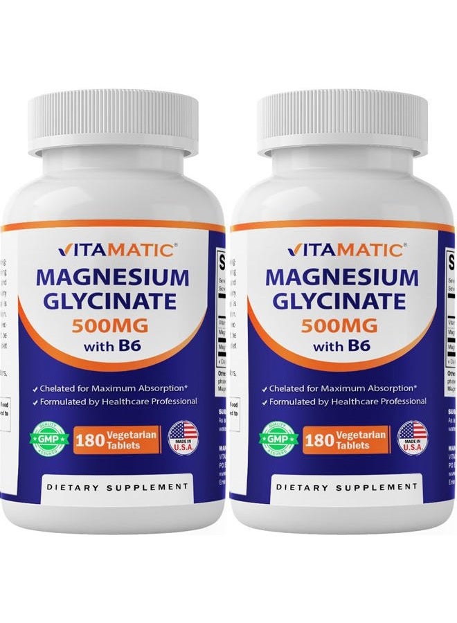 Vitamatic مغنيسيوم جليسينات 500 ملغ لكل قرص - 180 قرص نباتي (غير مغطى) - مضاف فيتامين ب6 لامتصاص أقصى - يدعم صحة العضلات والمفاصل والقلب* 2 عبوات - Image 1