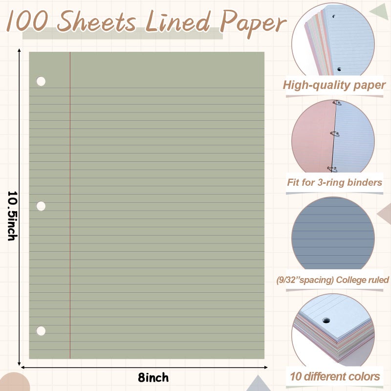 gisgfim 100 Sheets Loose Leaf Binder Paper, 8" x 10.5" Colored College Ruled Paper, 3 Hole Punched Lined Refill Inserts Thicken for 3-Ring Binders Notebooks Planner Writing School Office (Boho) - Image 2