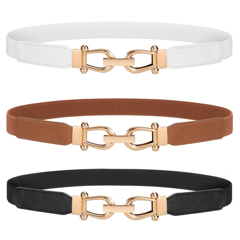JASGOOD 3 Pack Women Stretchy Waist Belt Retro Elastic Skinny Belt for Ladies with Gold Buckle - Image 1