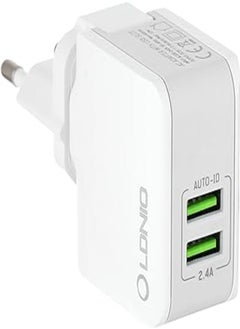 LDNIO A2203 Travel Charger 2 USB Port AUTO-ID Charger 2.4A 12W With Lightning Cable - White