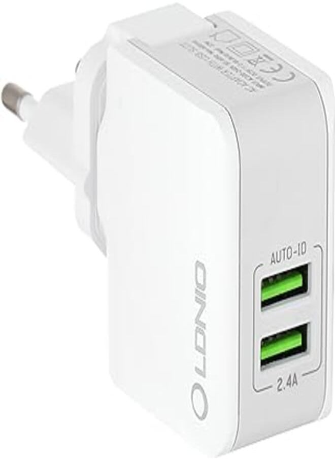 LDNIO - LDNIO A2203 Travel Charger 2 USB Port AUTO-ID Charger 2.4A 12W With Lightning Cable - White - Image 1
