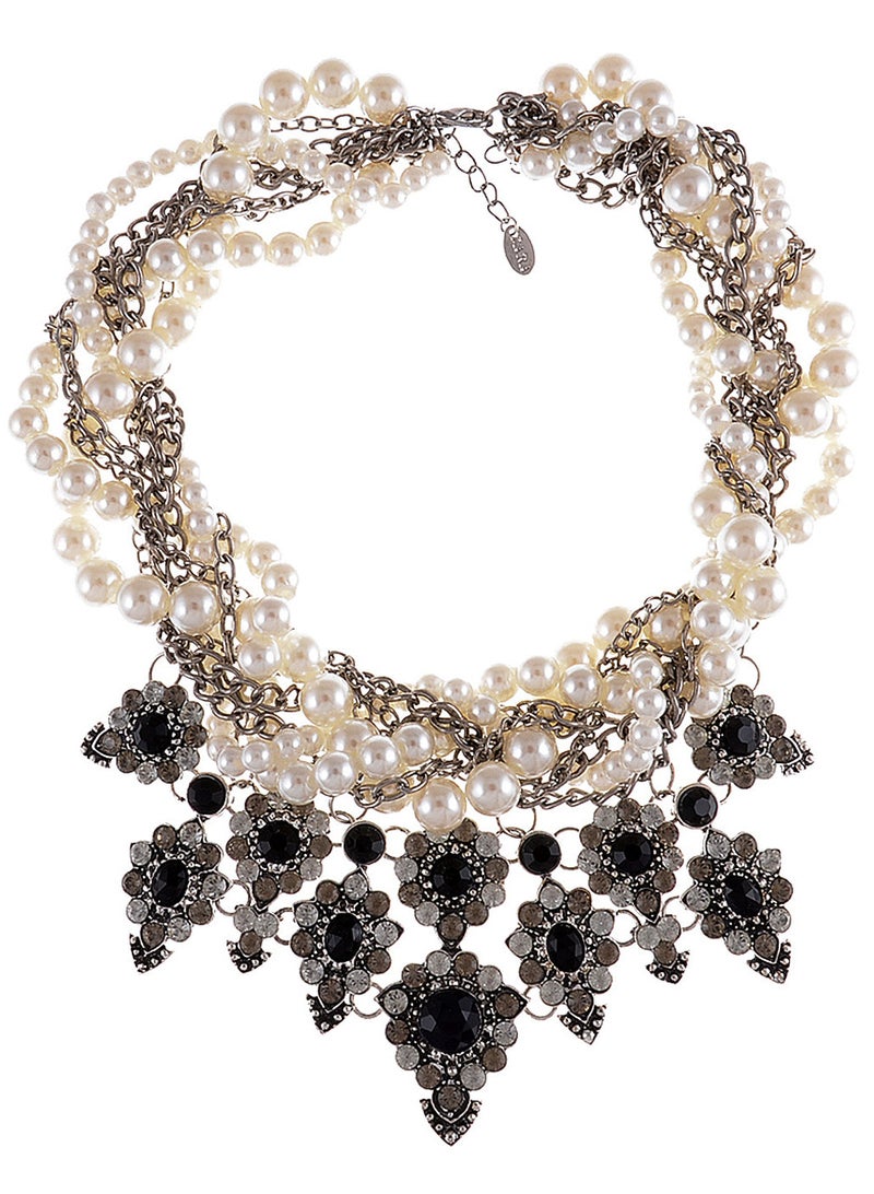 Luxury Faux Pearl Flower Necklace Onyx and Rhinestones, Intertwined Ivory Pearls and Silver Chains Statement Piece for her Women Girls Fashion Jewelry Accessory for Special Occasion Chunky Elegant  - Image 2
