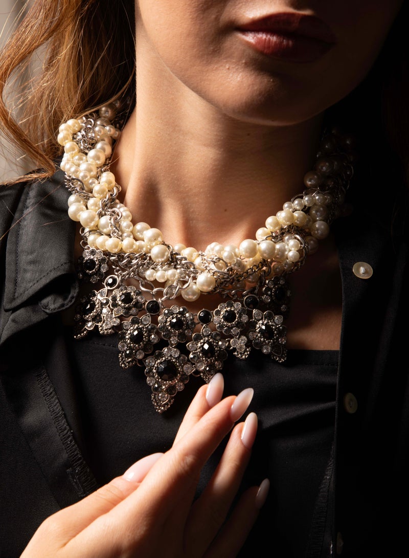 Luxury Faux Pearl Flower Necklace Onyx and Rhinestones, Intertwined Ivory Pearls and Silver Chains Statement Piece for her Women Girls Fashion Jewelry Accessory for Special Occasion Chunky Elegant  - Image 3
