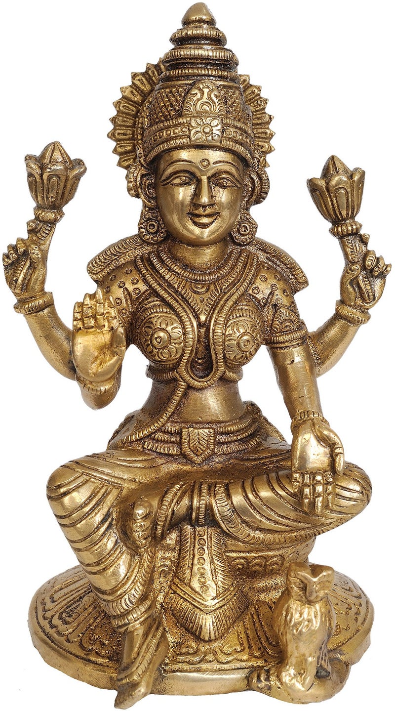 Aone India Brass Goddess Lakshmi with Owl (6.5 Inch, Gold) - Image 1