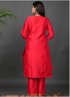 Riara Riara Embroidery Women Kurta Set With Dupatta Red Round Neck M  - Image 4