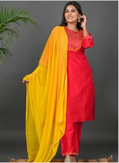 Riara Riara Embroidery Women Kurta Set With Dupatta Red Round Neck M  - Image 1