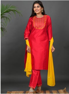Riara Riara Embroidery Women Kurta Set With Dupatta Red Round Neck M  - Image 2