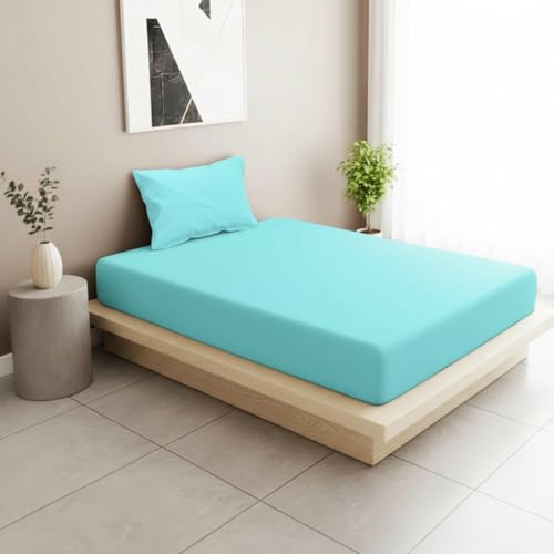 Filymore Aqua Solid bedsheet for Single Bed 240 Tc Microfiber Plain Solid Single Color Bedsheet for Single Size Bed with 1 Pillow Cover (Size :90X60 inchs) (Aqua) - Image 1