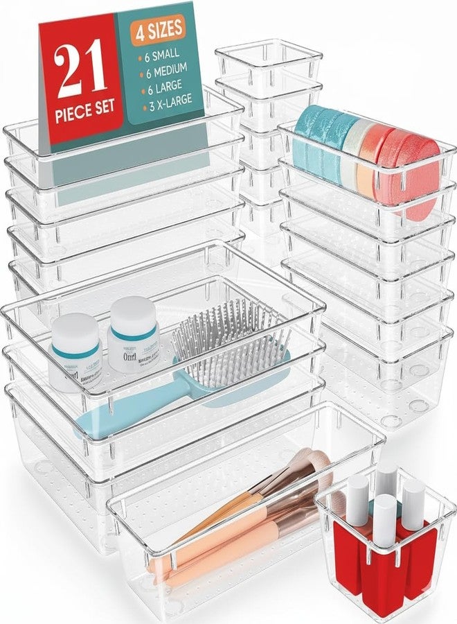 JERN Clear Plastic Drawer Organizer Set, 21 Piece, 4 Sizes Storage Bins with Non-Slip Interior, Stackable Dividers for Makeup, Jewelry, Kitchen, Bedroom, Bathroom, Office - Image 1