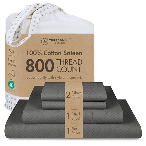 Threadmill Luxury 100% Cotton King Sheets - 800 Thread Count Jacquard Celine Dark Grey, Better Than Egyptian Cotton,4 Pc Striped Bed Set, Damask Sheets, Fits 16'' Deep Pocket - Image 1