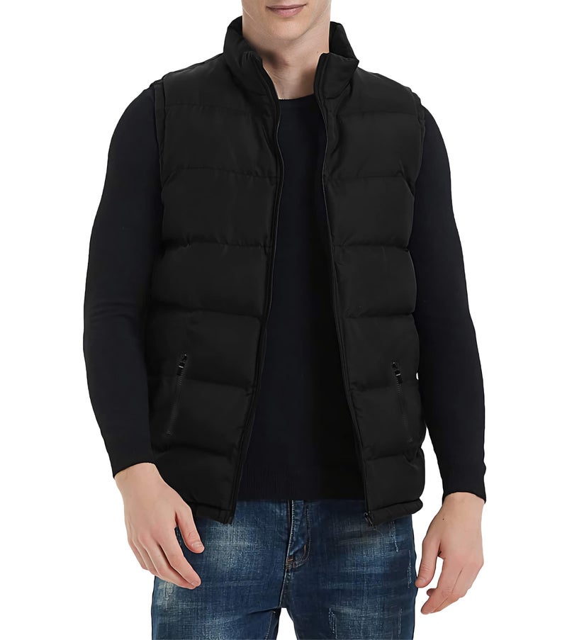 TUVEKE Black Mens Puffer Vest Sleeveless Zipper Quilted Sport Mens Outdoor Outerwear Down Puffy Vests Lightweight Big And Tall Solid Vest Winter Warm XL