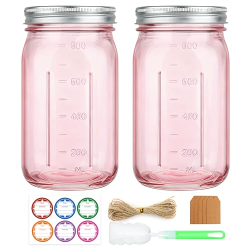 CARBLIN 2 Pack Mason Jars 32 oz, Wide Mouth Canning Jars with Airtight Lids, Glass Pint Jars with Bands Labels Brush, Large Storage Quart Jars for Jam Fermenting Preserving - Pink - Image 1