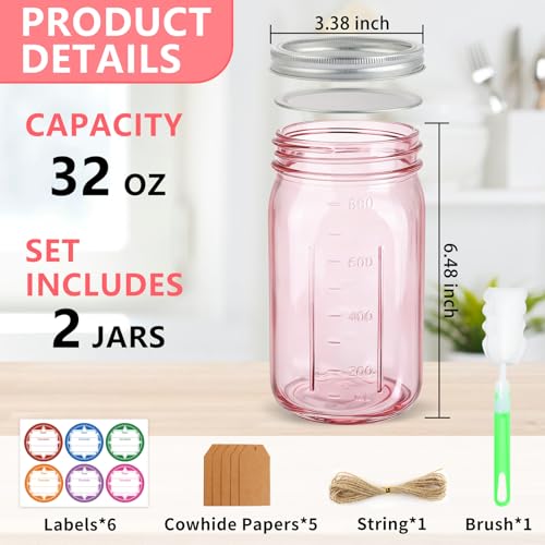 CARBLIN 2 Pack Mason Jars 32 oz, Wide Mouth Canning Jars with Airtight Lids, Glass Pint Jars with Bands Labels Brush, Large Storage Quart Jars for Jam Fermenting Preserving - Pink - Image 2