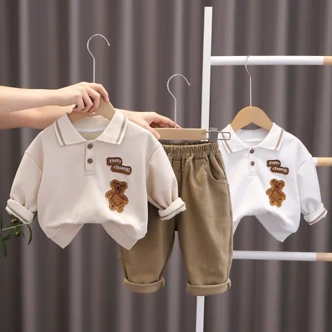 Boys Handsome Autumn Dress Small and Medium-sized Childrens Autumn New Lapel Solid Color Styish Casual Cartoon Long Sleeve Sweatshirt Two-piece Set Apricot