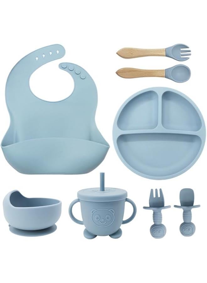 MOXO 8Pcs Silic Baby Feeding Set Baby Eating Utensils with Suction Bowl Divided Plate Toddler Self Feeding Dish Set with Spoons Forks Sippy Cup Adjustable Bib (blue)