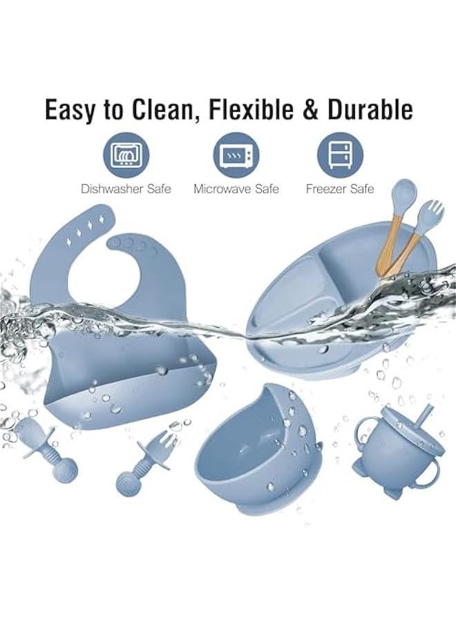 MOXO 8Pcs Silic Baby Feeding Set Baby Eating Utensils with Suction Bowl Divided Plate Toddler Self Feeding Dish Set with Spoons Forks Sippy Cup Adjustable Bib (blue)  - Image 2