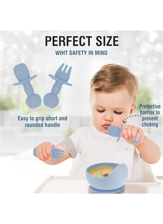MOXO 8Pcs Silic Baby Feeding Set Baby Eating Utensils with Suction Bowl Divided Plate Toddler Self Feeding Dish Set with Spoons Forks Sippy Cup Adjustable Bib (blue)  - Image 4