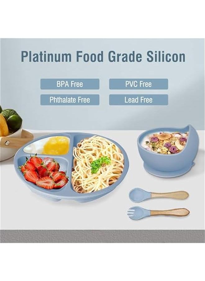 MOXO - 8Pcs Silic Baby Feeding Set Baby Eating Utensils with Suction Bowl Divided Plate Toddler Self Feeding Dish Set with Spoons Forks Sippy Cup Adjustable Bib (blue) - Image 1