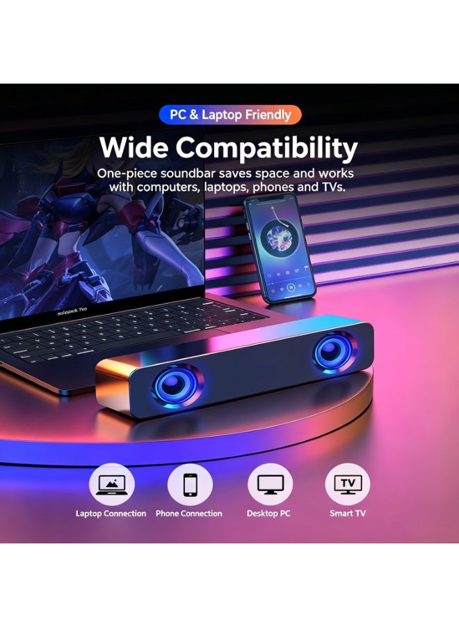 Wired & Bluetooth Computer Soundbar Speaker With Dynamic Rgb Breathing Light, 360° Surround Stereo Bass Desktop Sound Bar, Anti-Interference Compact Pc Speaker For Laptop Desktop Phone Tv, Perfect Eid & Housewarming Gift To Share With Friends - Image 2
