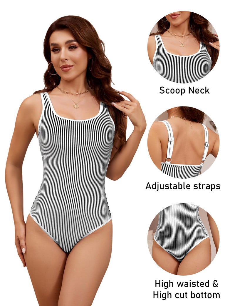 BMJL Women's One Piece Swimsuit Sports Adjustable Strap Bathing Suit Color Block Ribbed High Cut Swimsuits(M,Black Striped) - Image 4