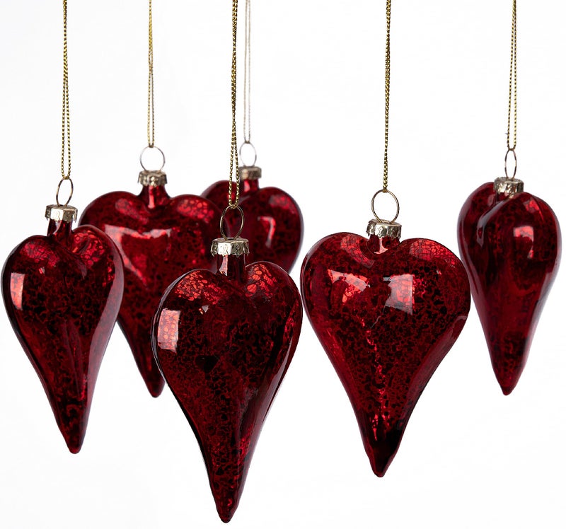 LFUTARI 6Pack Valentines Day Glass Ornaments  32 Antique Red Hearts  Romantic Love Shaped Ornaments for Party Wedding Tree Decorations