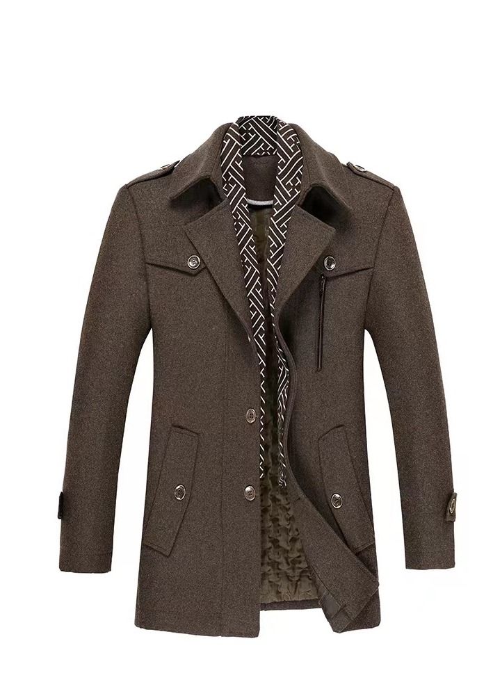 Cross Border Men's Woolen Coat Long Scarf Collar Plus Cotton Thickened Woolen Overcoat